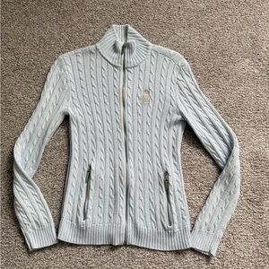 Ralph Lauren Sky Blue Cable Knit Cardigan with Silver logo and Zipper Details
